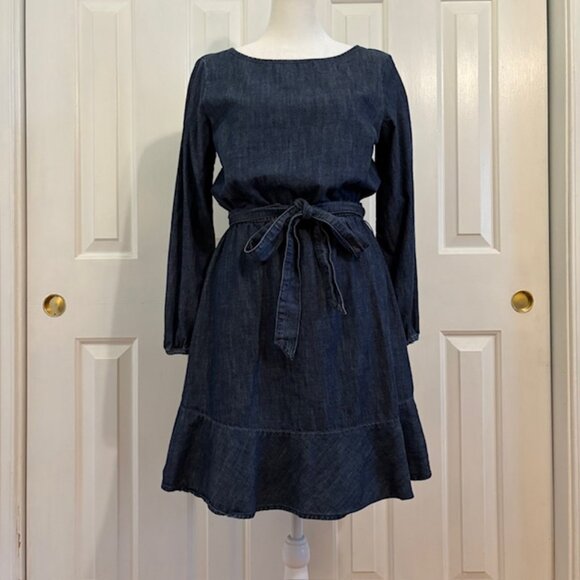 Gap Denim Long Sleeve Boat Neck Belted Ruffled Hem Dress Size 2 - Picture 1 of 10